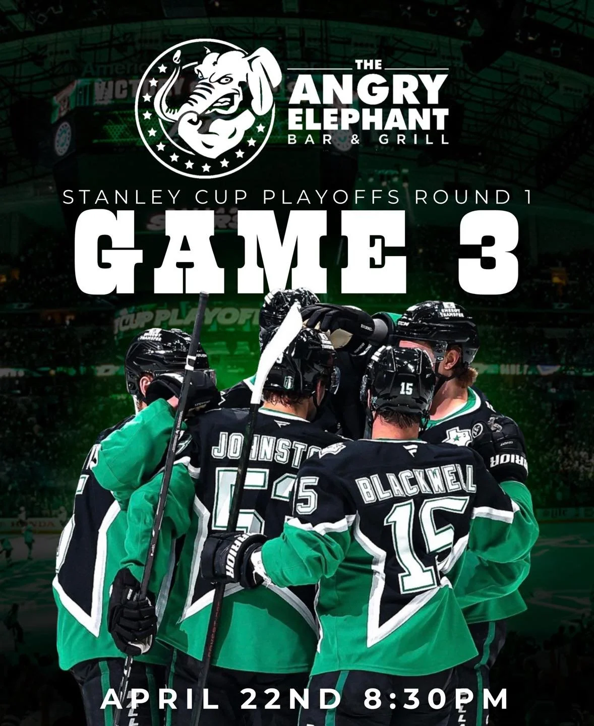 Game 3. Playoff energy. 🏒🔥

Catch every hit, goal, and moment LIVE tonight at The Angry Elephant. Puck drops at 8:30PM&mdash;grab a cold one and get here early.

Hockey, drinks, and a packed house.

#TheAngryElephant #StanleyCupPlayoffs #Game3