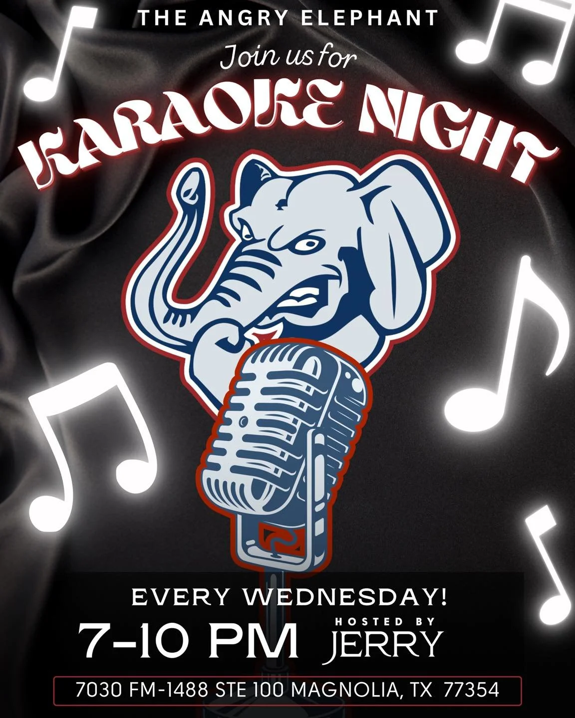 🎤🐘Karaoke Night at The Angry Elephant every Wednesday!

🎶 7&ndash;10 PM
🎤 Hosted by Jerry
📍 7030 FM-1488 Ste 100 | Magnolia, TX

Grab your crew, pick your anthem, and take the stage. From country classics to throwback bangers &mdash; this is you