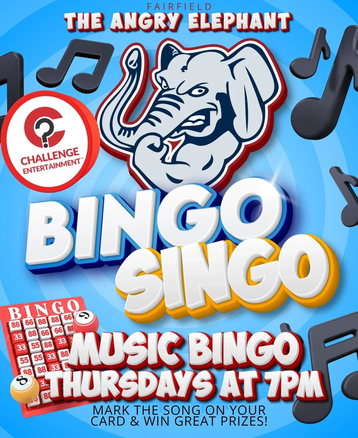 🎶 BINGO SINGO every Thursday nights at The Angry Elephant Fairfield! 🎶

Get ready for Music Bingo with Challenge Entertainment every Thursday at 7PM. Instead of numbers, we play the songs you know and love&mdash;mark them on your card and win great