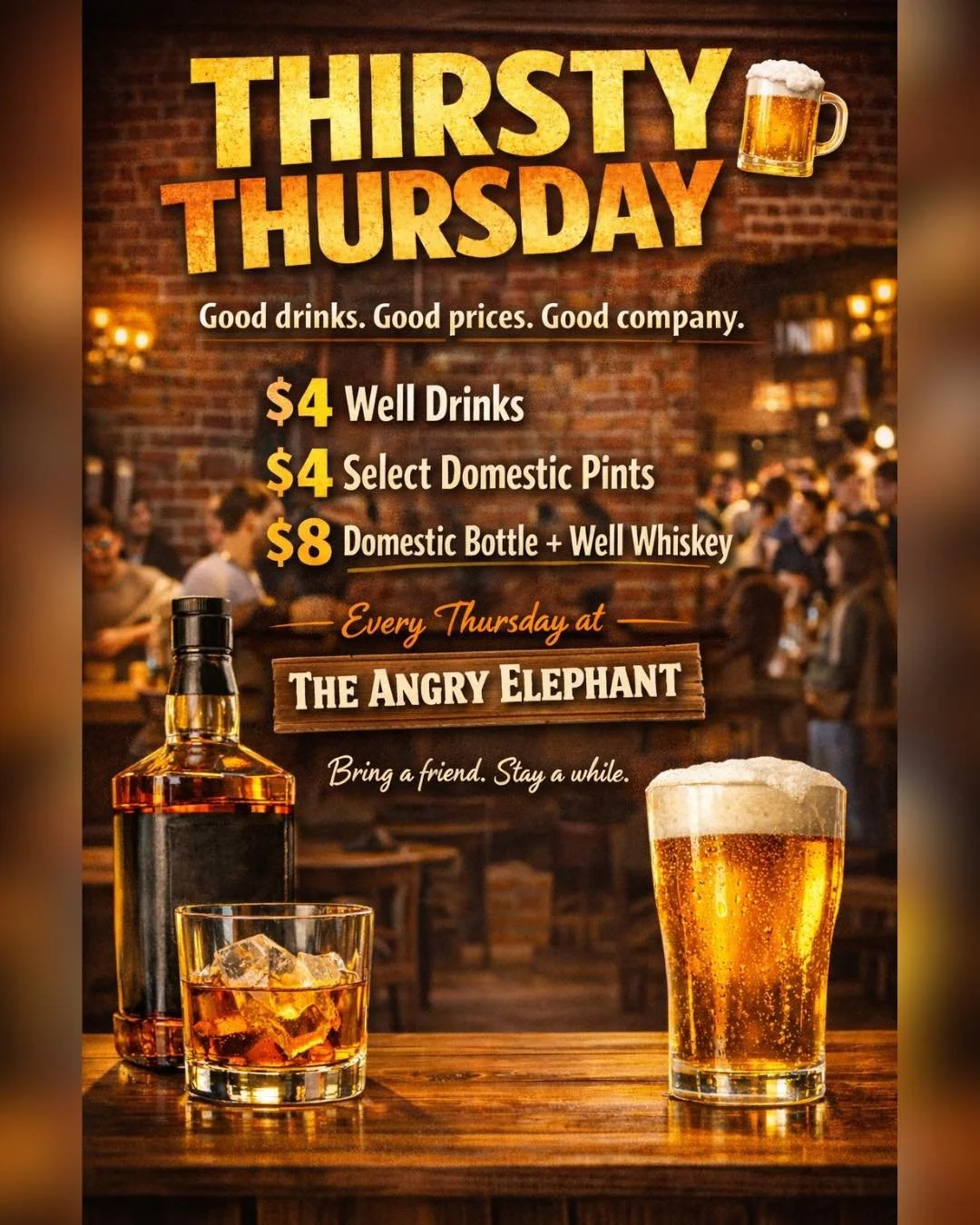 It&rsquo;s THIRSTY THURSDAY at The Angry Elephant 🍻🔥

Good drinks. Good prices. Good company.

🥃 $4 Well Drinks
🍺 $4 Select Domestic Pints
🥃🍺 $8 Domestic Bottle + Well Whiskey

Every. Single. Thursday.

Grab your crew, claim your spot, and let&
