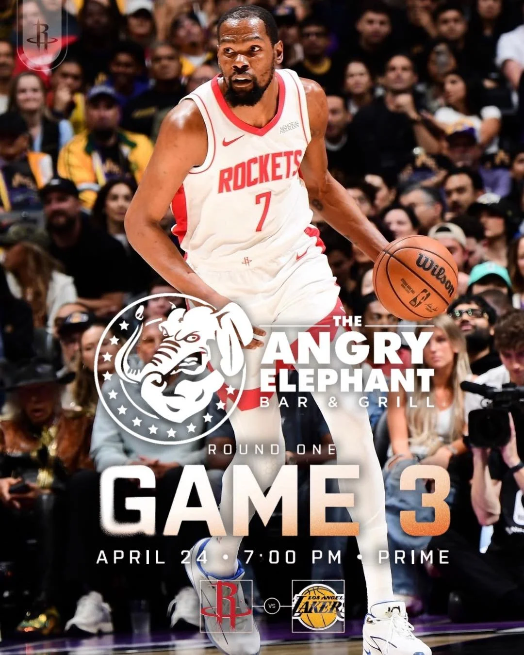 Game 3. It&rsquo;s go time. 🔥
Catch every play, every bucket, every moment TODAY at The Angry Elephant.

🏀 Houston Rockets vs. Los Angeles Lakers
🏀 Round One &ndash; Game 3
🗓 April 24
⏰ 7:00 PM

Cold drinks, loud crowd, and the best seat in the h