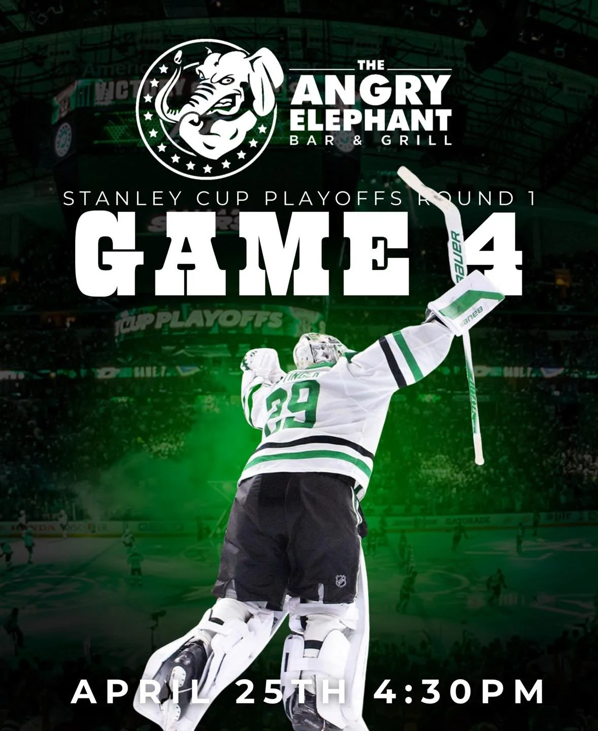Game 4. No holding back. 🏒🔥

Stanley Cup Playoffs &ndash; Round 1 rolls on at The Angry Elephant. Catch every hit, every save, and every goal with us.

📅 April 25
⏰ 4:30 PM

Cold drinks flowing, big screens everywhere, and the kind of crowd that m