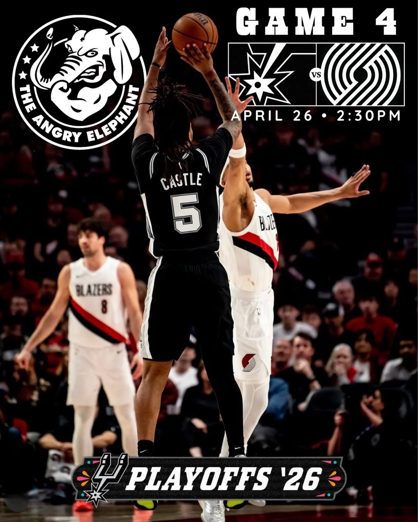 Game 4. Time to get LOUD. 🔥

Spurs vs Blazers is going down and The Angry Elephant is the spot to catch it all.

🏀 Game 4
📅 April 26
⏰ 2:30 PM

Big screens, cold drinks, and a crowd that rides every play with you.

Pull up early, grab your crew, a