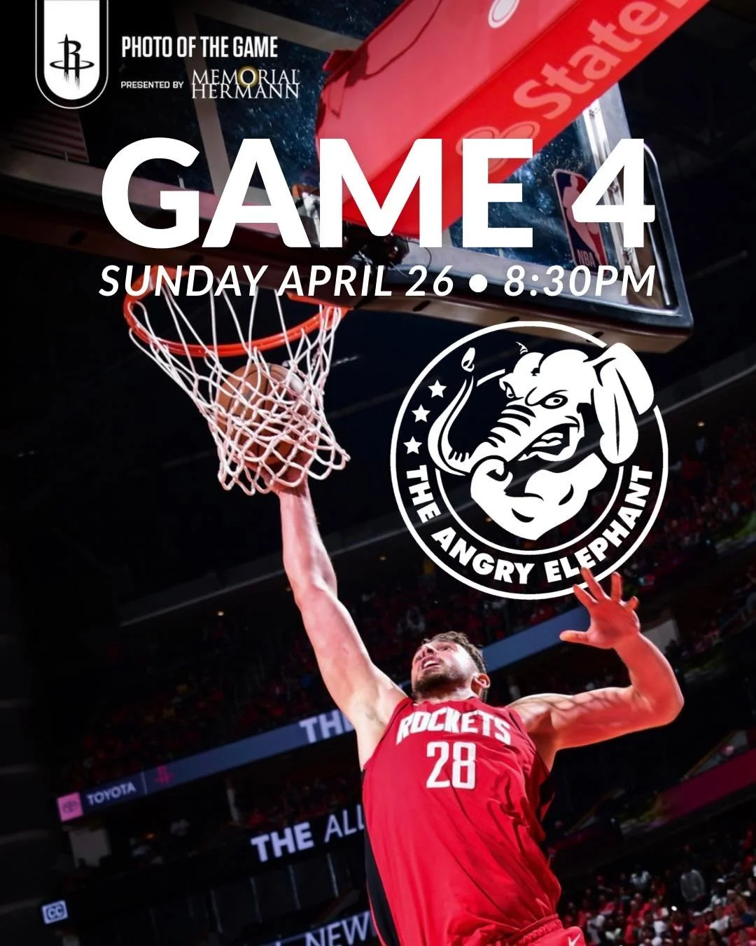 Game 4. Prime time. Let&rsquo;s get loud. 🔥🐘

Rockets vs Lakers goes down TONIGHT and there&rsquo;s no better place to catch it than The Angry Elephant.

🏀 Game 4
📅 Sunday, April 26
⏰ 8:30 PM

Big screens, cold drinks, and a crowd that rides ever