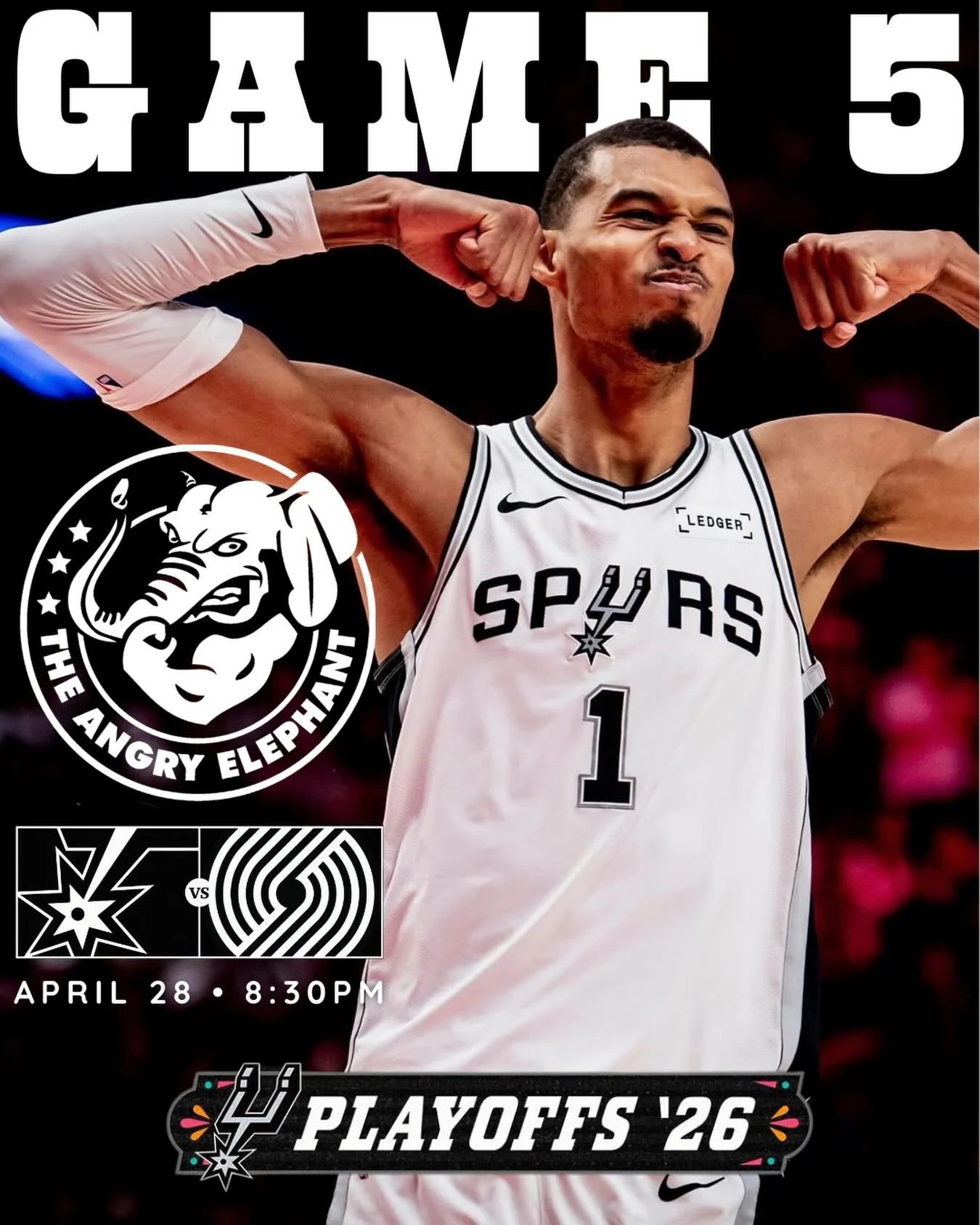 Say less&mdash;Angry Elephant version coming in hot 🐘🔥

GAME 5 ENERGY 🔥
Spurs vs Trail Blazers &mdash; 8:30PM

We&rsquo;re calling it now&hellip; Spurs close it out TONIGHT 😤
Catch every play at The Angry Elephant &mdash; your go-to spot for play
