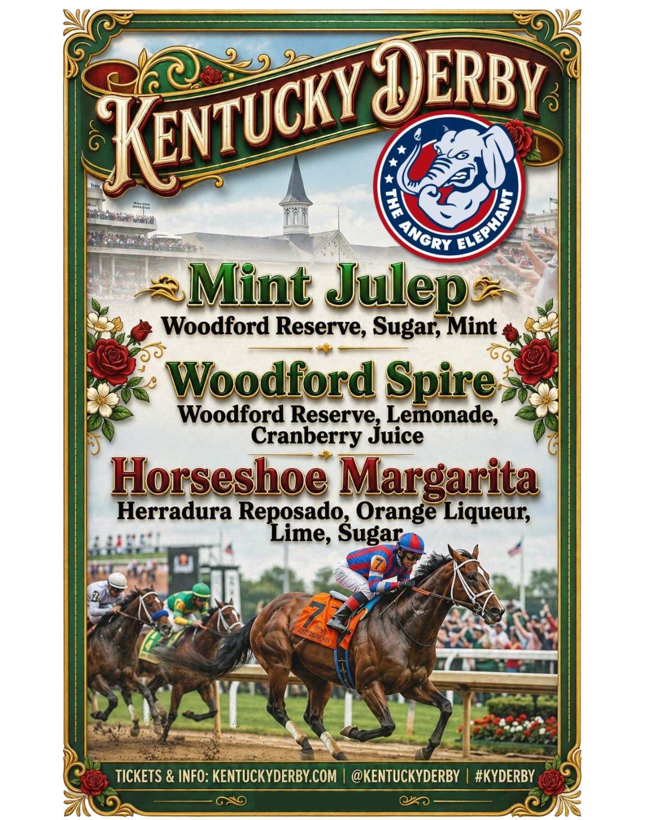 The Derby is calling&hellip; and we&rsquo;ve got the drinks to match 🐎🍹

Join us THIS Saturday at The Angry Elephant for Kentucky Derby drink specials:
🥃 Mint Julep
🍋 Woodford Spire
🍹 Horseshoe Margarita

Big hats, fast horses, and even better p