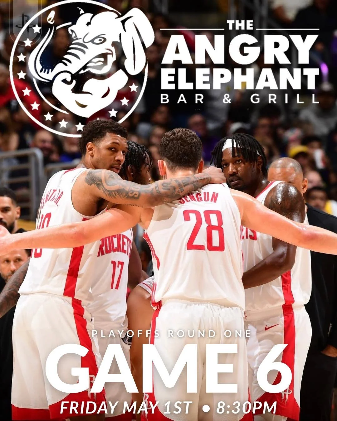 Game 6. It&rsquo;s go time. 🚀🔥

Catch Rockets vs Lakers tonight at The Angry Elephant&mdash;this is what playoff energy is all about.

🏀 Playoffs Round 1 &ndash; Game 6
🗓 Friday, May 1st
⏰ 8:30 PM

Cold drinks, loud crowd, and every second on the
