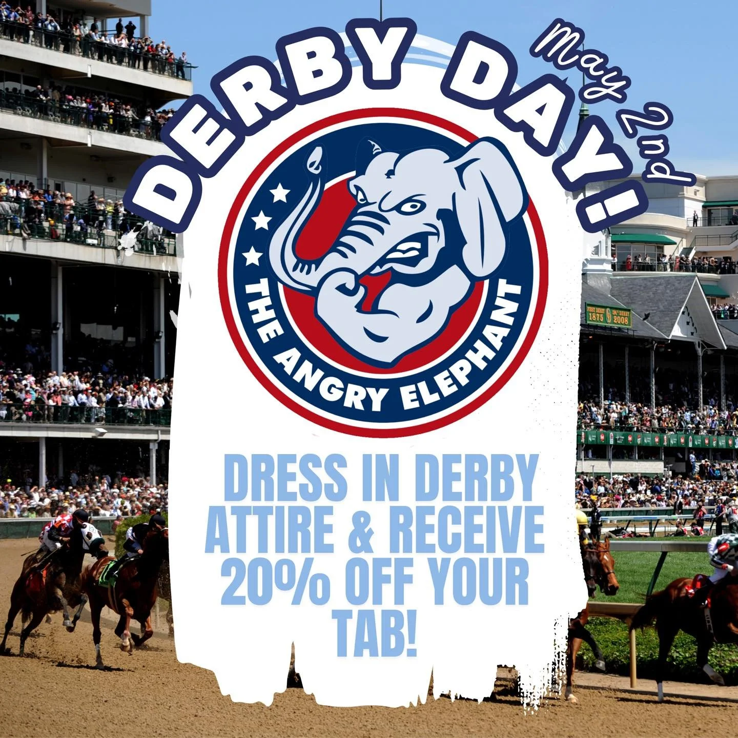 Big hats, bold fits, and bourbon in hand 🐎🥃

Join us at The Angry Elephant this Derby Day (May 2nd) and show off your best derby style &mdash; dress the part and get 20% OFF your tab! 👒🔥

#TheAngryElephant #DerbyDay