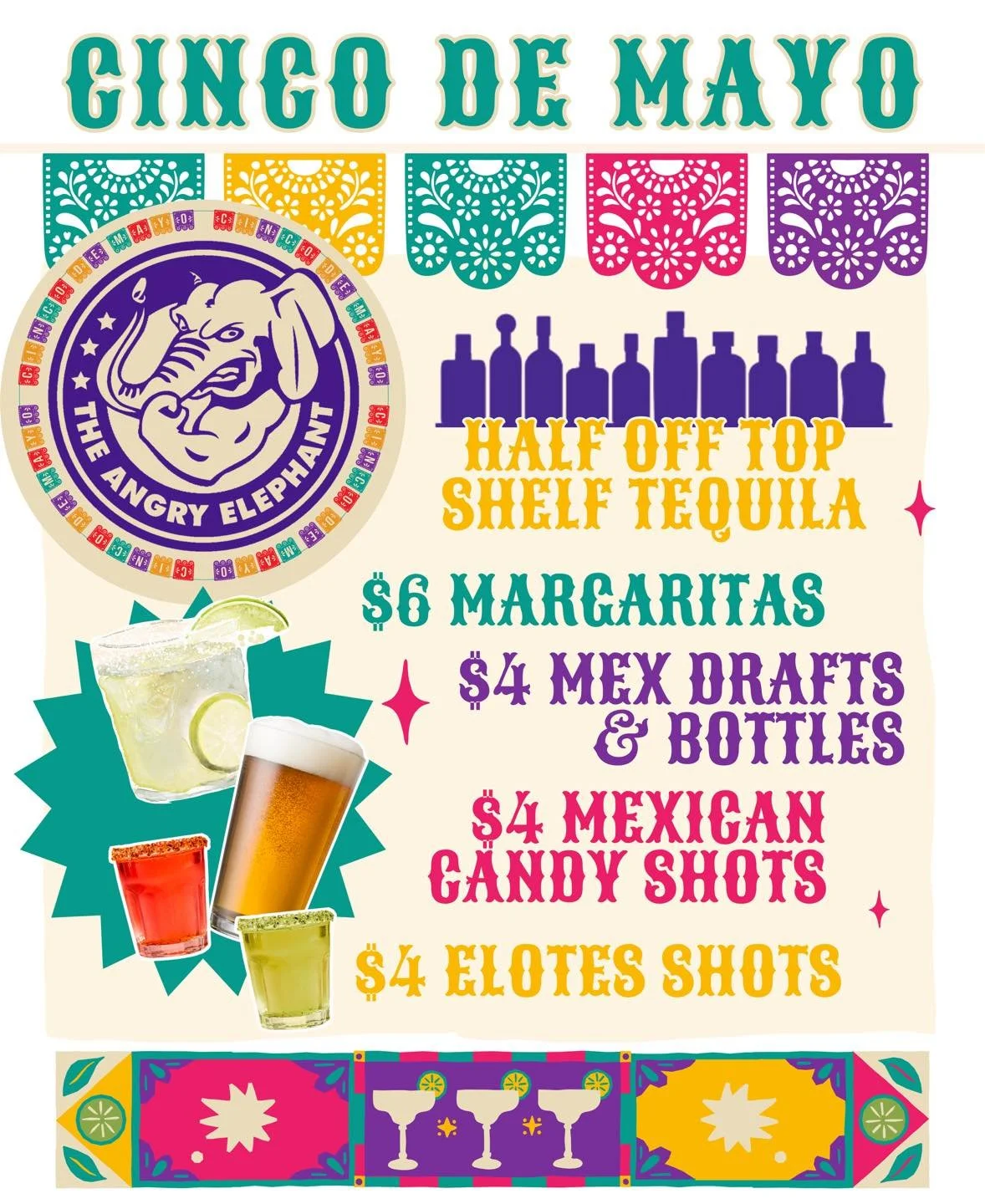 Cinco de Mayo hits THIS TUESDAY 🇲🇽🔥 and we&rsquo;re going all out at The Angry Elephant 🐘

🥃 HALF OFF top shelf tequila
🍹 $6 Margaritas
🍺 $4 Mexican drafts &amp; bottles
🍬 $4 Mexican candy shots
🌽 $4 Elotes shots

let&rsquo;s turn Tuesday in