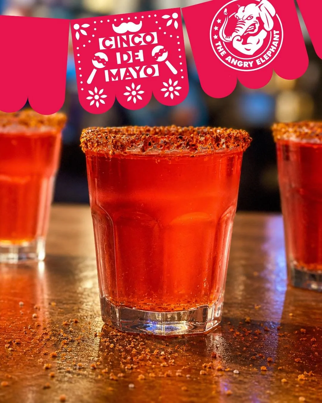 Cinco de Mayo is ON today 🇲🇽🔥 and we&rsquo;re going all out at The Angry Elephant 🐘

🥃 HALF OFF top shelf tequila
🍹 $6 Margaritas
🍺 $4 Mexican drafts &amp; bottles
🍬 $4 Mexican candy shots
🌽 $4 Elotes shots

Let&rsquo;s turn today into a ful