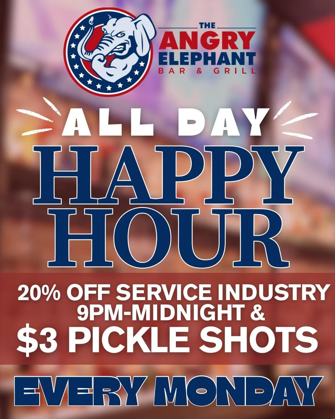 Mondays at the Angry Elephant 🍻🔥
ALL DAY HAPPY HOUR 🍻 

&amp;Service industry Night! 
🍔 20% OFF for service industry workers 
 Monday 9PM&ndash;Midnight
Plus 🥒 $3 Pickle Shots all night long

Clock out, pull up, and let&rsquo;s make Monday hurt 