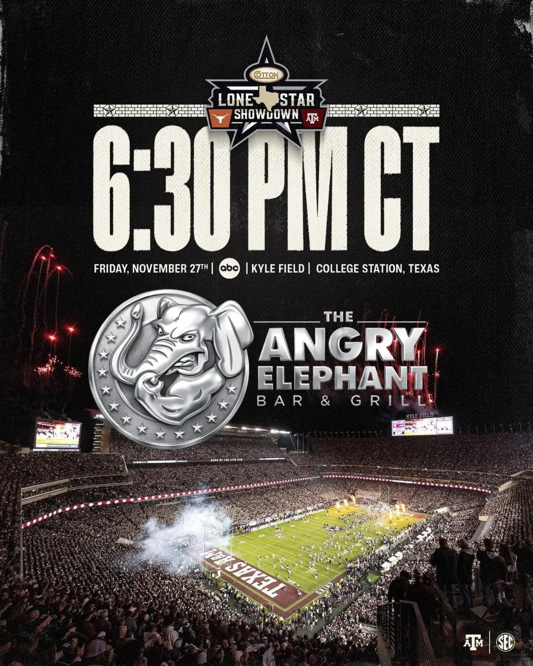 Mark your calendars, we&rsquo;ll see y&rsquo;all November 27th 👍🏈

The Lone Star Showdown is back and The Angry Elephant is ready for a BIG night of Aggie football 🔥

Throw on your maroon, grab your crew, and get loud for the Aggies at kickoff 🍻
