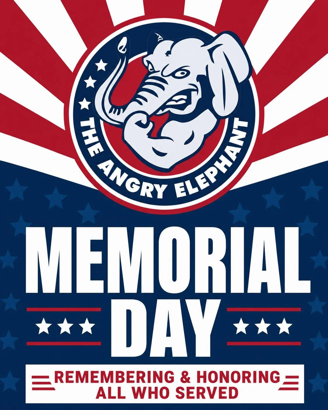Today we remember &amp; honor all who served 🇺🇸

Join us at The Angry Elephant this Memorial Day for cold drinks, good company, and a day spent celebrating the heroes who gave everything for our freedom.

Raise a glass with us today ❤️🤍💙

#Memori