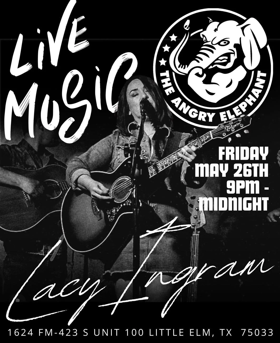 LIVE MUSIC FRIDAYS at The Angry Elephant Little Elm 🎶🐘

This week, catch Lacy Ingram live Friday night from 9PM&ndash;Midnight 🍻🔥

Good music, cold drinks, and the perfect way to kick off the weekend.

📍1624 FM-423 S Unit 100 &bull; Little Elm, 