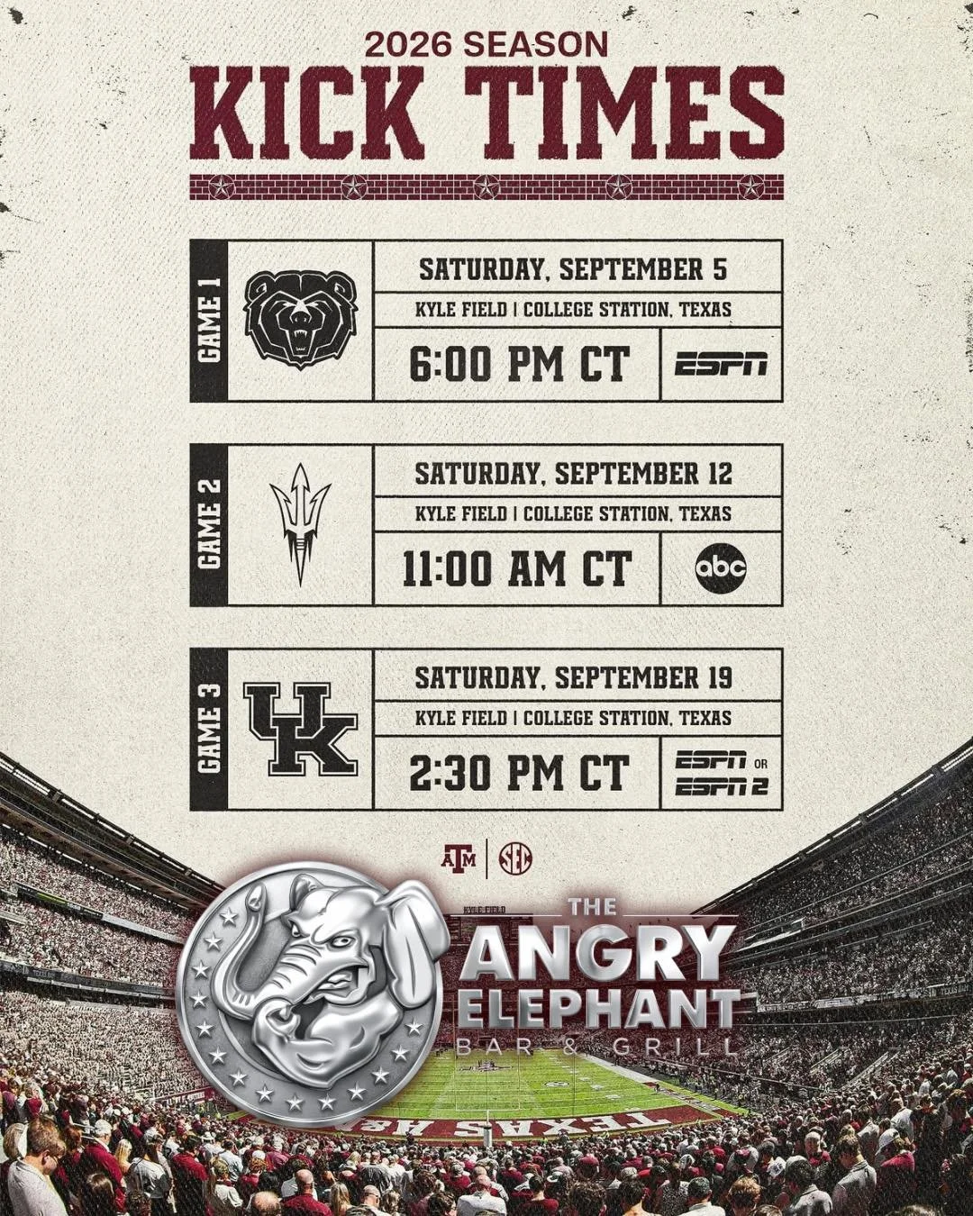 Aggie football, we&rsquo;re ready for you 🏈👍

First kick times are officially set ✔️
Cold drinks, game day crowds, and football Saturdays at The Angry Elephant are almost back 😤🍻

See y&rsquo;all in September!

#GigEm #AggieFootball #TheAngryElep