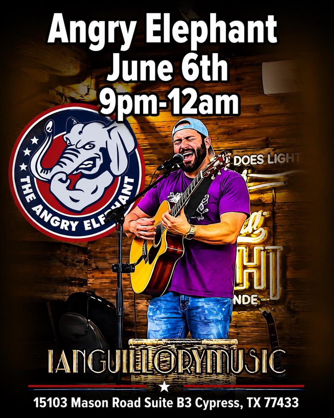 🎶 Make your Saturday night plans at The Angry Elephant! 🎶

Join us June 6th from 9PM&ndash;12AM as Ian Guillory brings the soundtrack to your weekend with live music, cold drinks, and good times.

Whether you're meeting up with friends or just look