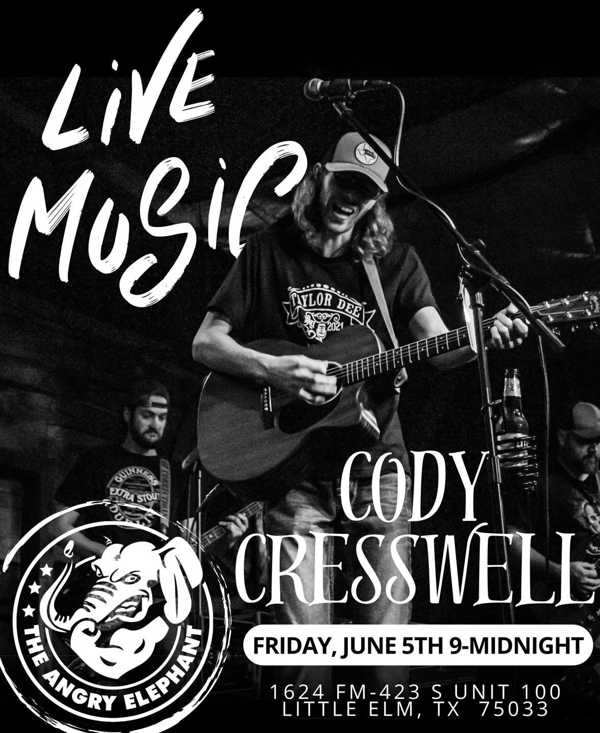 🎸 Live Music Friday at The Angry Elephant! 🎸

Kick off your weekend with Cody Cresswell live this Friday night from 9PM&ndash;Midnight!

Cold drinks, great friends, and live country music all night long. Grab a seat, raise a glass, and enjoy one of