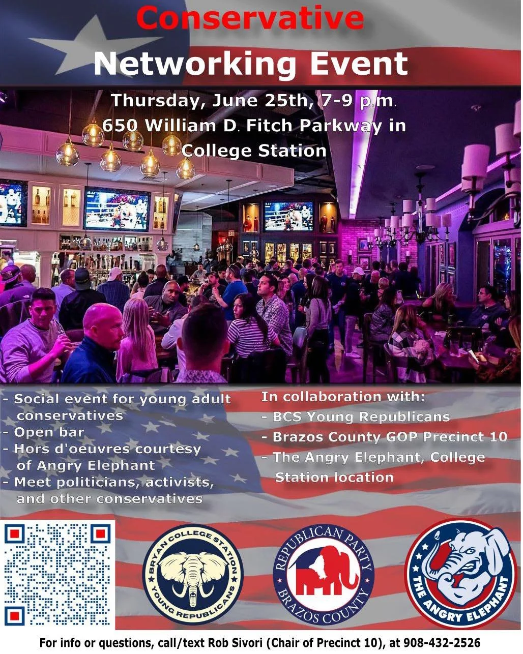 Join us for an evening of great conversations, new connections, and conservative community building at The Angry Elephant in College Station.

Meet local leaders, activists, elected officials, and fellow conservatives while enjoying complimentary hor