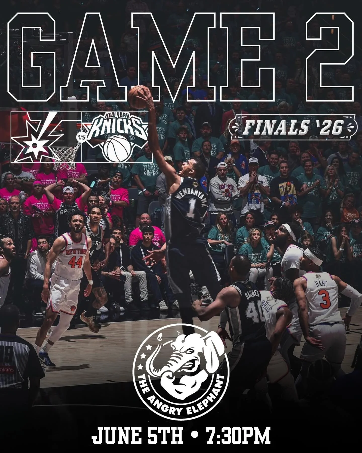 🏀 GAME 2 TONIGHT! 🏀

The Spurs are looking to even the Finals series against the Knicks tonight!

📍 The Angry Elephant
⏰ 7:30PM Tip-Off
📺 Catch every second of the action on our TVs
🍺 Cold drinks and game-day atmosphere all night long

Grab your