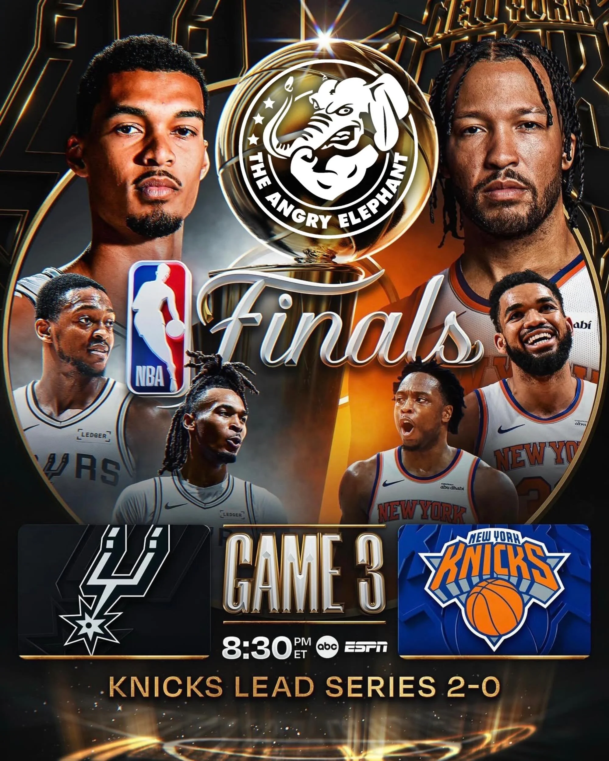 🏀 NBA Finals Game 3 tonight! 🏀

Can the Spurs fight their way back into the series, or will the Knicks take a commanding 3-0 lead?

Catch all the action with us at The Angry Elephant. 🍻

Who you got winning it all? 👇🏆

#NBAFinals #TheAngryElepha
