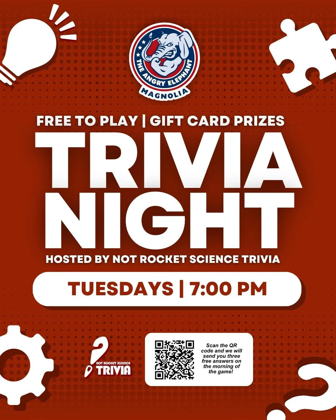 Trivia at 7PM - Every Tuesday!
Hosted by Not Rocket Science Trivia! Think you&rsquo;ve got what it takes? Bring your crew, grab a drink, and show off those big brain moves 🧠🔥

🍸 Top Shelf Tuesdays at The Angry Elephant! 🐘

It&rsquo;s also &ldquo;
