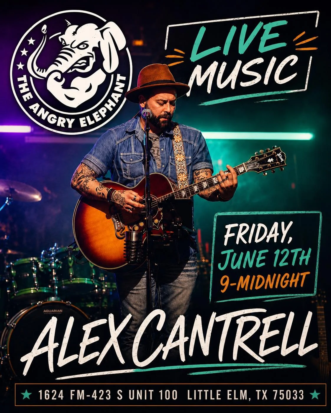 Friday nights mean live music at The Angry Elephant! 🎸

Join us Friday, June 12, as Alex Cantrell takes the stage from 9PM&ndash;Midnight. Great music, cold drinks, and the perfect way to kick off your weekend.

Live music every Friday. See y&rsquo;