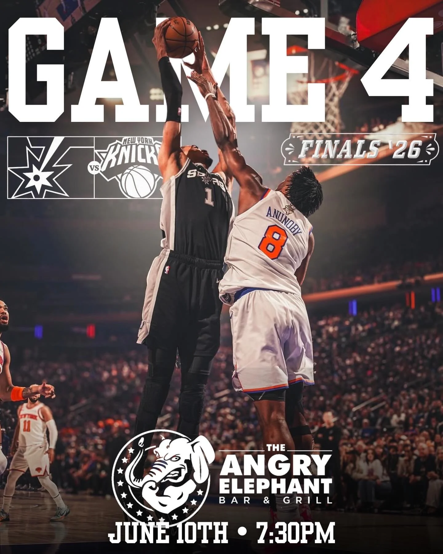 🏀 GAME 4 TONIGHT AT THE ANGRY ELEPHANT! 🏀

The Finals are heating up and we&rsquo;ve got the game on all the TVs.

🍺 Cold beer
🍗 Good Food 
📺 Every play, every bucket, every big moment
⏰ Tip-off at 7:30 PM

Get here early, grab your spot, and wa