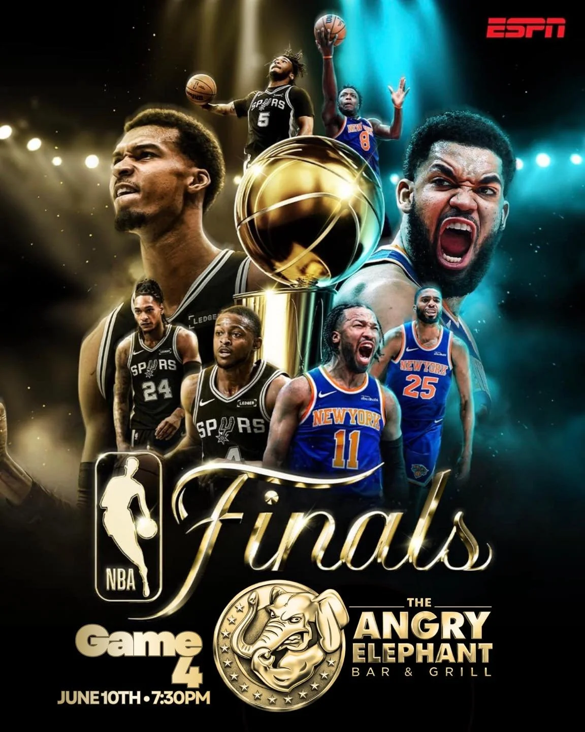 🏀🏆 NBA Finals Game 4 is HERE! 🏆🏀

The series is heating up, and there&rsquo;s no better place to catch every bucket, buzzer-beater, and big moment than The Angry Elephant!

🍔 Great food
🍺 Cold drinks
📺 Wall-to-wall TVs
🏀 Tip-off at 7:30 PM

W