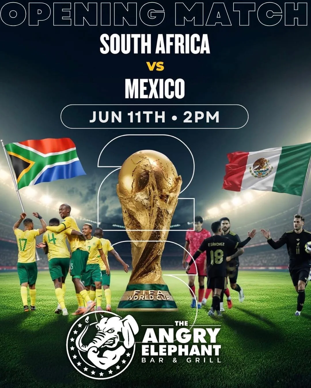⚽️ WORLD CUP MATCH DAY! ⚽️

The FIFA World Cup 2026 kicks off TODAY, and we&rsquo;re showing the Opening Match at The Angry Elephant! 🇲🇽🇿🇦

Join us at 2PM as Mexico takes on South Africa and catch all the action with great drinks, great people, a