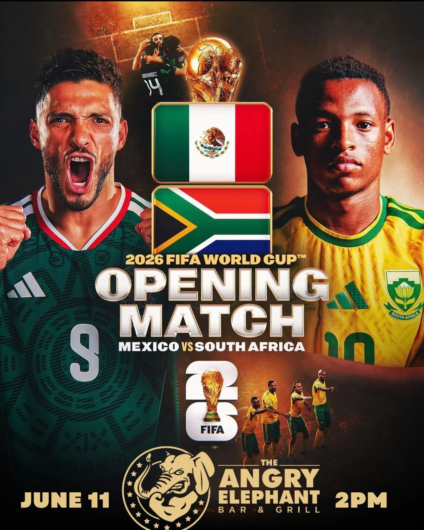 ⚽️ WORLD CUP MATCH DAY! ⚽️

The FIFA World Cup 2026 kicks off TODAY, and we&rsquo;re showing the Opening Match at The Angry Elephant! 🇲🇽🇿🇦

Join us at 2PM as Mexico takes on South Africa and catch all the action with great drinks, great people, a