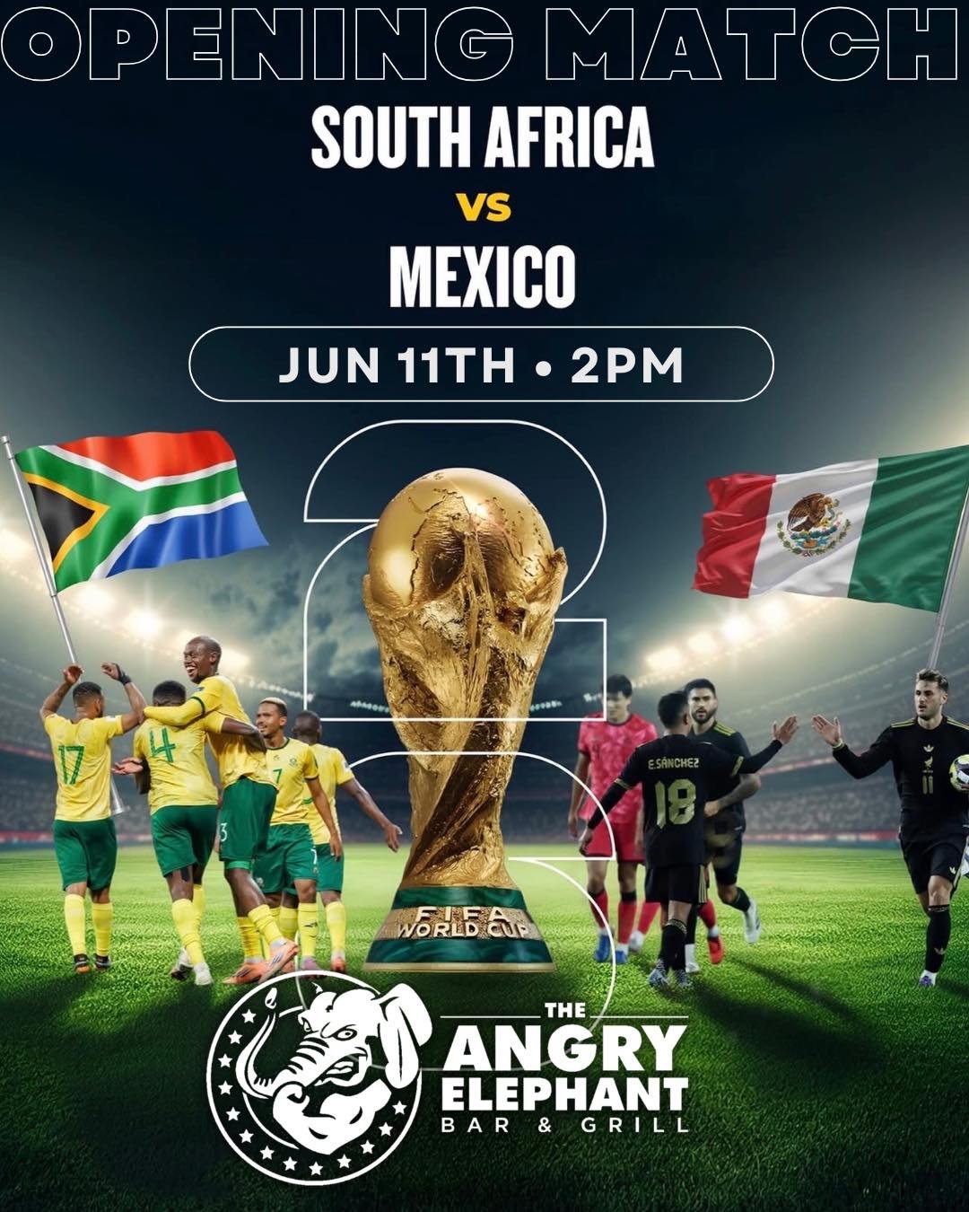 ⚽️ WORLD CUP MATCH DAY! ⚽️

The FIFA World Cup 2026 kicks off TODAY, and we&rsquo;re showing the Opening Match at The Angry Elephant! 🇲🇽🇿🇦

Join us at 2PM as Mexico takes on South Africa and catch all the action with great drinks, great people, a