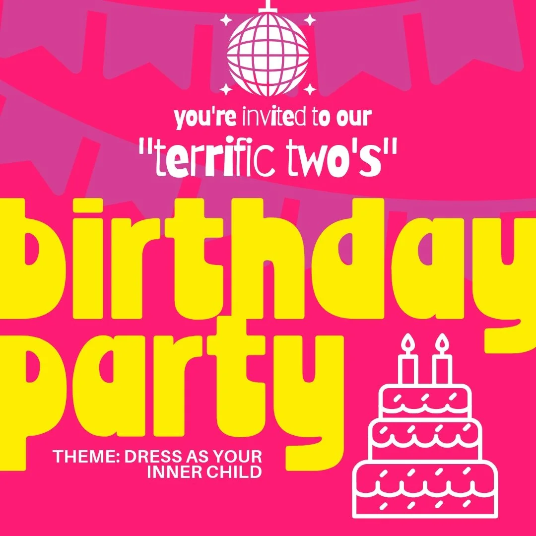 ✨You&rsquo;re invited! ✨

Come celebrate with us as we enter our terrific two&rsquo;s! 🎂

You know we love a good theme so show up dressed as your inner child 🛝 Enjoy a day of crafts, tattoos, tarot readings, permanent jewelry, music, and more!&nbs