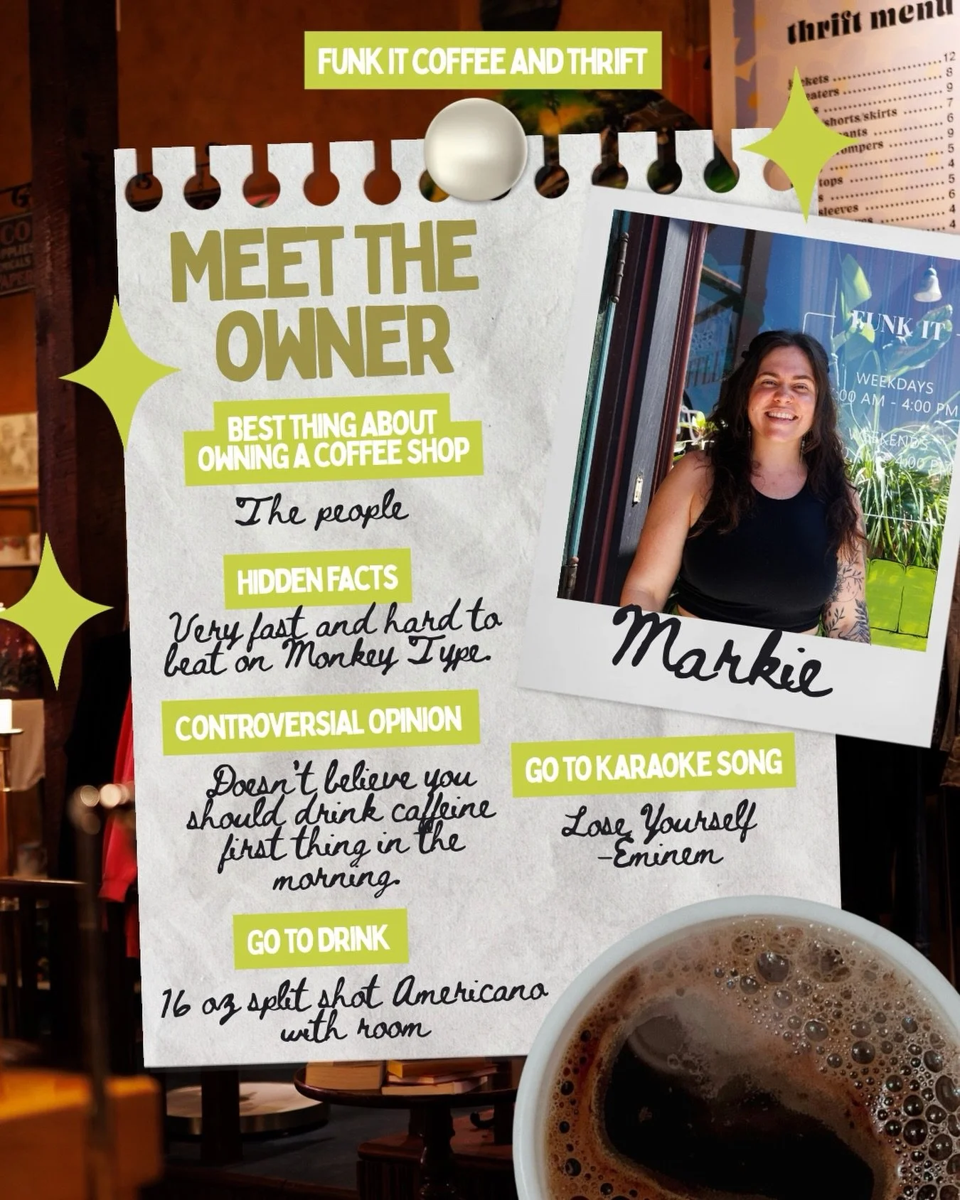 Meet Markie!

Also, known as motha Markie. She loves her split shot americano with room for cream, but don&rsquo;t worry she always has her bone broth before! Did you know she only used to drink iced drinks for the longest time until her visit to Ire