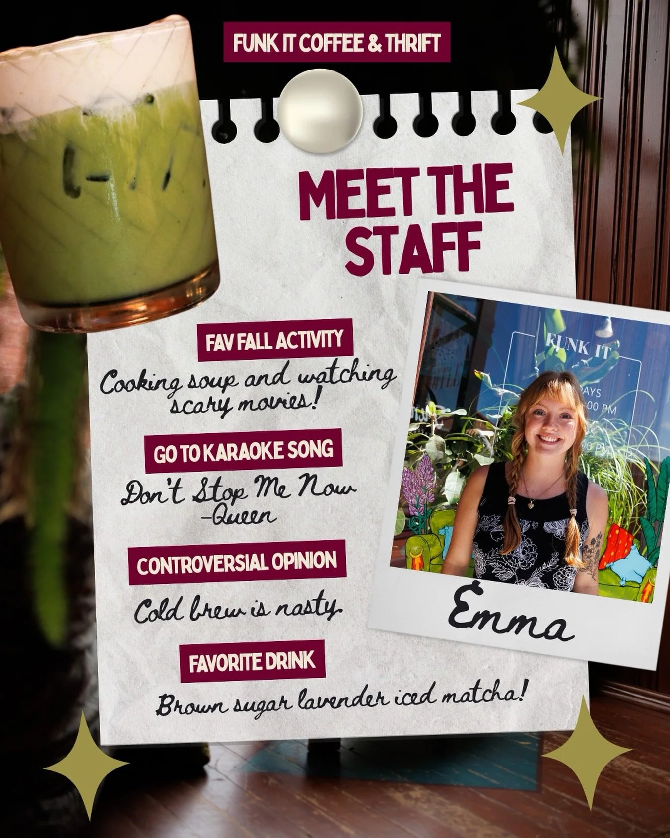 Meet Emma! She joined our fam this summer and we are so grateful to have her presence with us. She&rsquo;s an absolute gem who pours love into all of her drinks that she makes. I think I&rsquo;m going to have to try her favorite drink this morning ;)