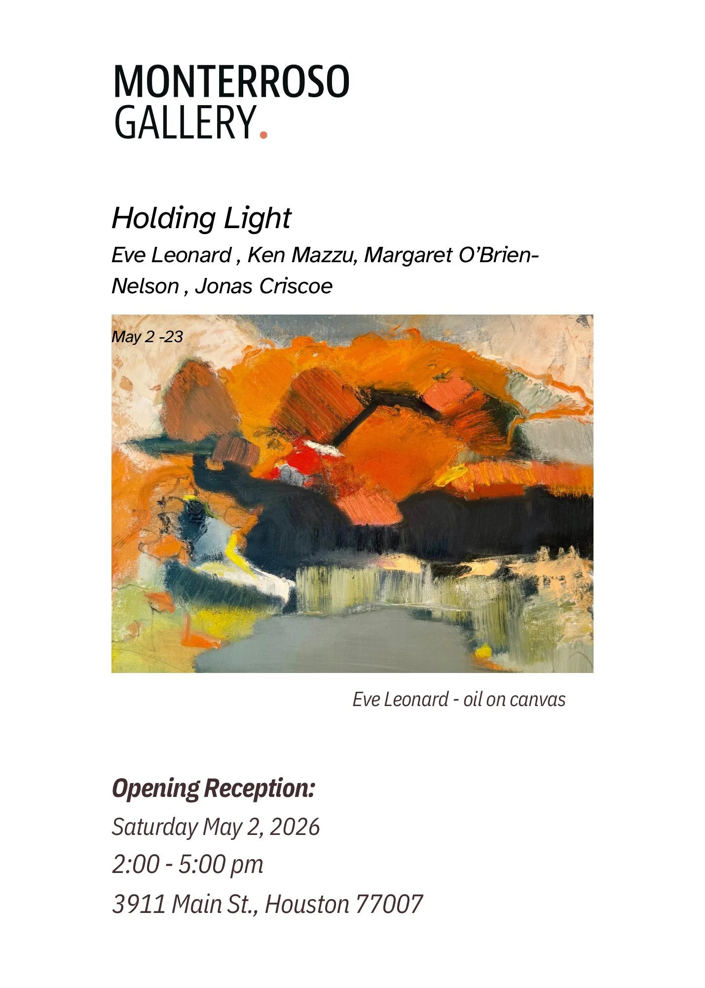 Join Gabriela Monterroso and other artists, including me, for a small sampling of works that reflect on light. Mine, as most of you know, generally reflect on water. The reception begins at 2pm on Saturday, May 2 at @MonterrosoGallery  3911 Main St. 