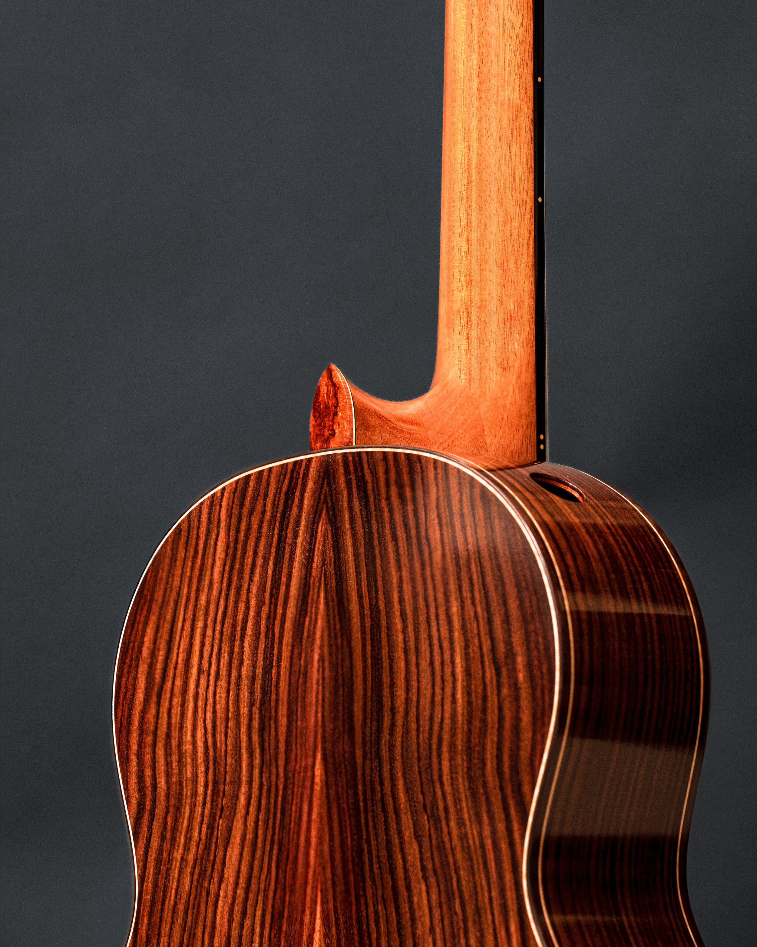 Ironwood burl heel cap on a classical guitar with Indian Rosewood back and sides