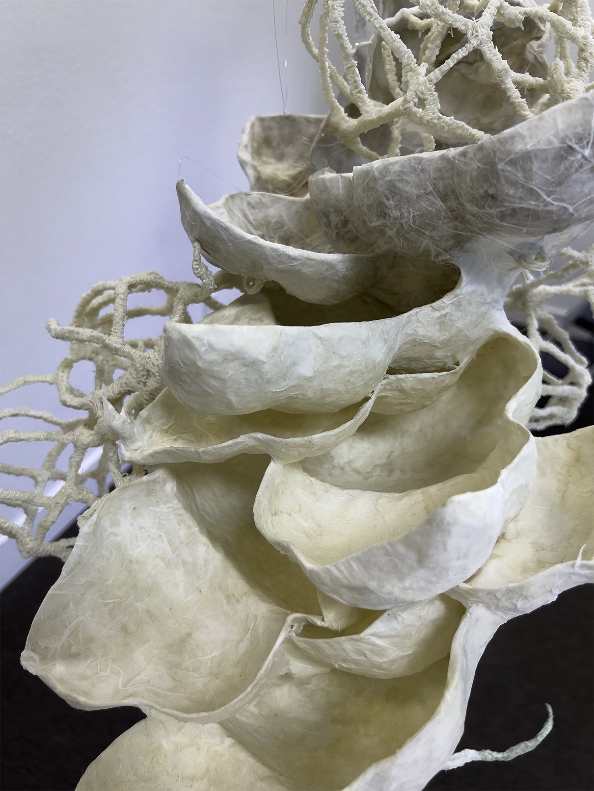 Spinning Time into Form: Unfolding (Detail). Bioplastic, papier-mâché and watercolor, 2025