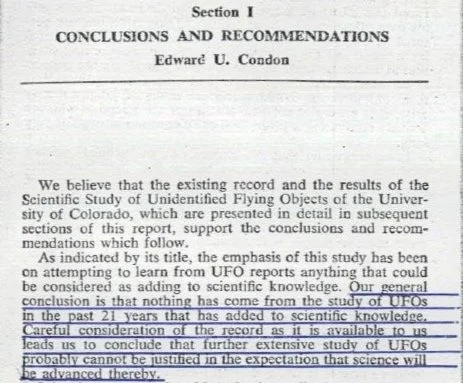Page from a report titled "Section 1 Conclusions and Recommendations" by Edward U. Condon with highlighted text about UFO research and beliefs.