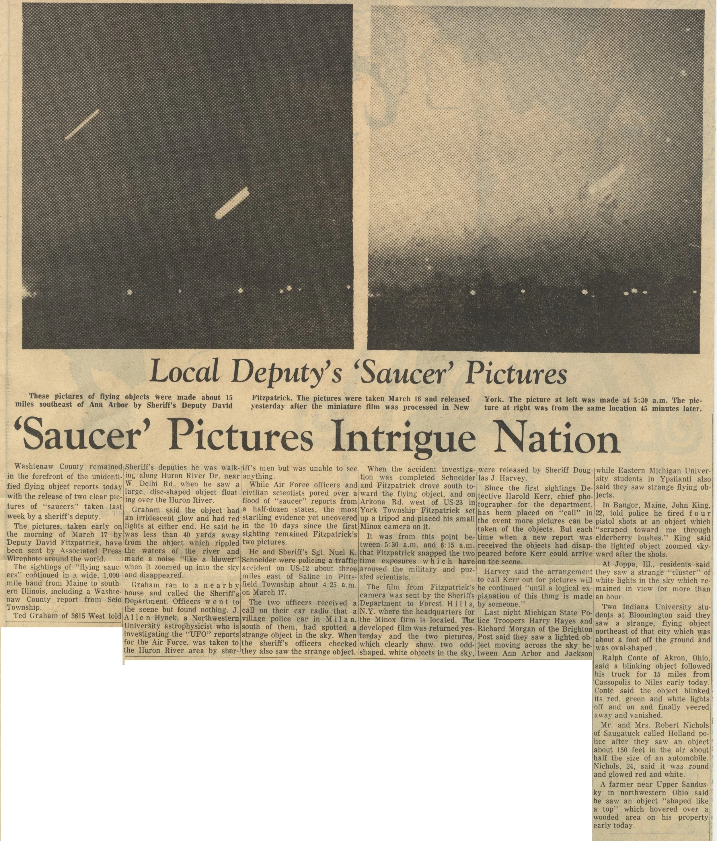 A newspaper article titled 'Saucer Pictures Intrigue Nation' with two black-and-white photographs of flying objects, and text describing various sightings and investigations.