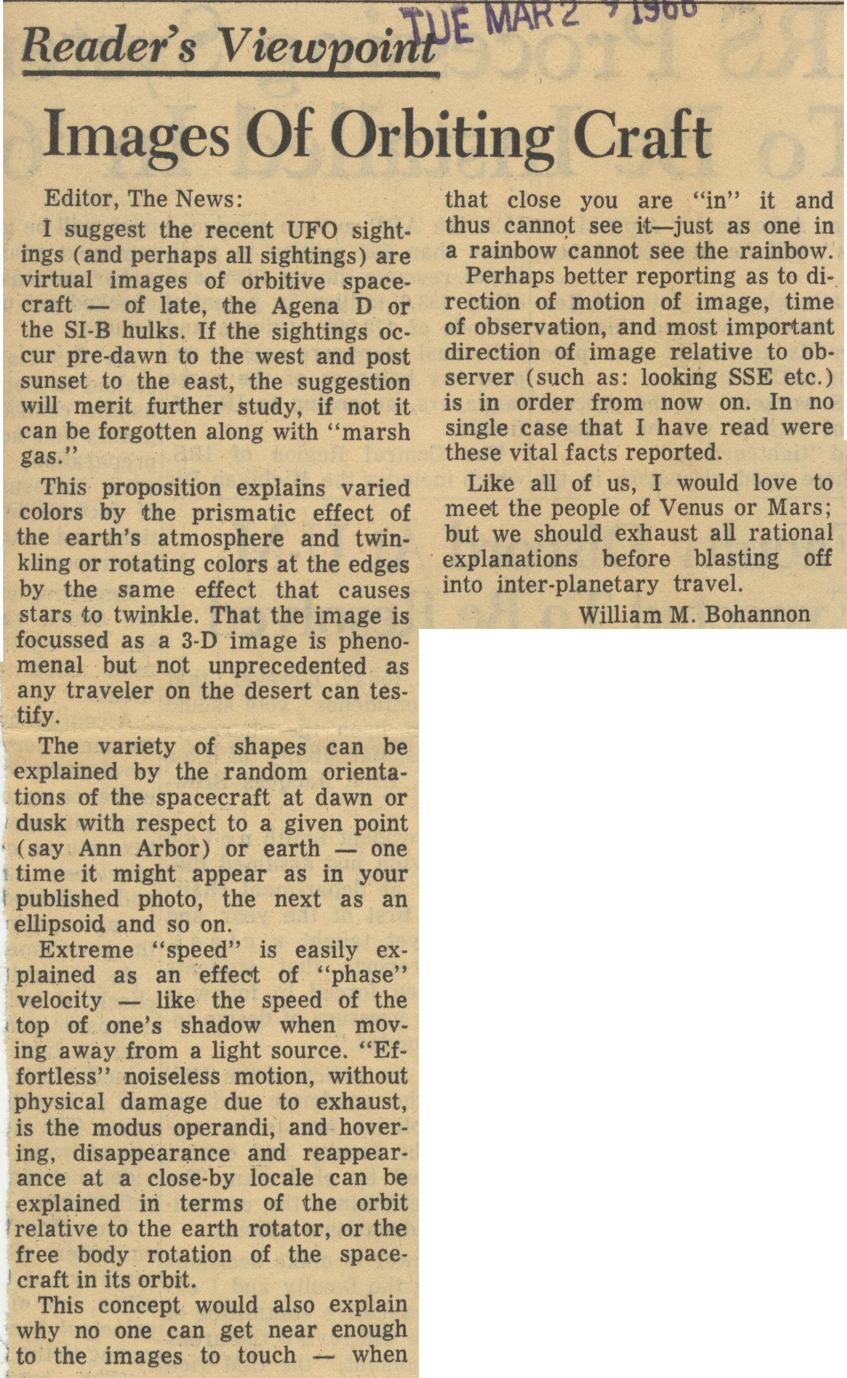 A newspaper clipping titled 'Images Of Orbiting Craft' dated March 2, 1966, discussing UFO sightings from late 1960s space imagery and explaining scientific concepts related to visual perception and space photography.
