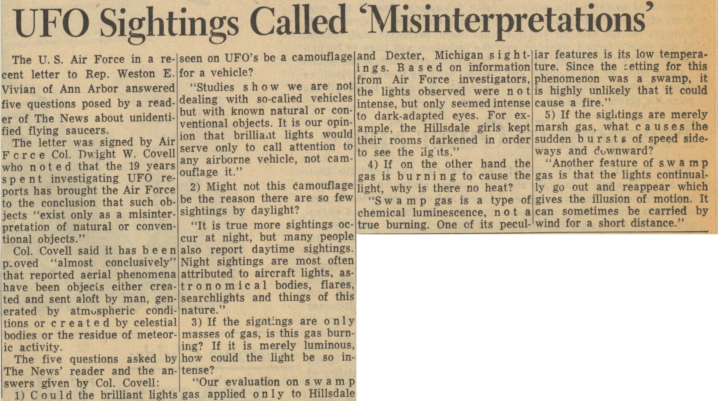 A newspaper article titled 'UFO Sightings Called Misinterpretations,' discussing UFO reports and theories about alien spacecraft and natural phenomena, with a beige background.