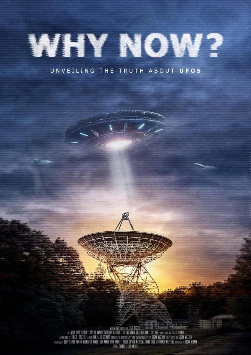 A cover image of a book or documentary titled 'Why Now? Unveiling the Truth About UFOs.' It depicts a large alien spaceship shining a beam of light onto a satellite dish antenna during sunset, with two smaller flying saucers in the background.