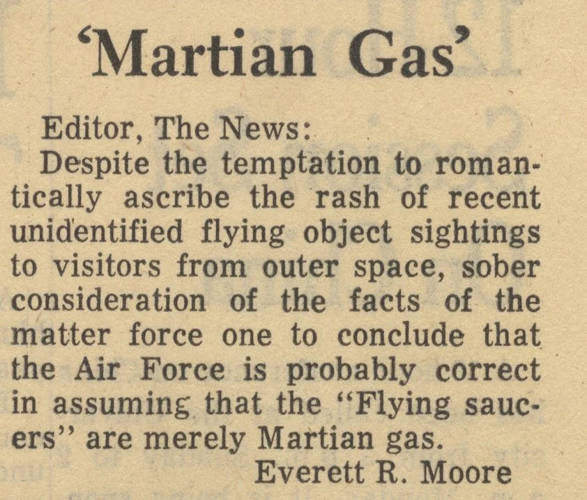 A textual excerpt titled 'Martian Gas' with a letter to the editor discussing flying object sightings and suggesting that 'flying saucers' are simply Martian gas, authored by Everett R. Moore.