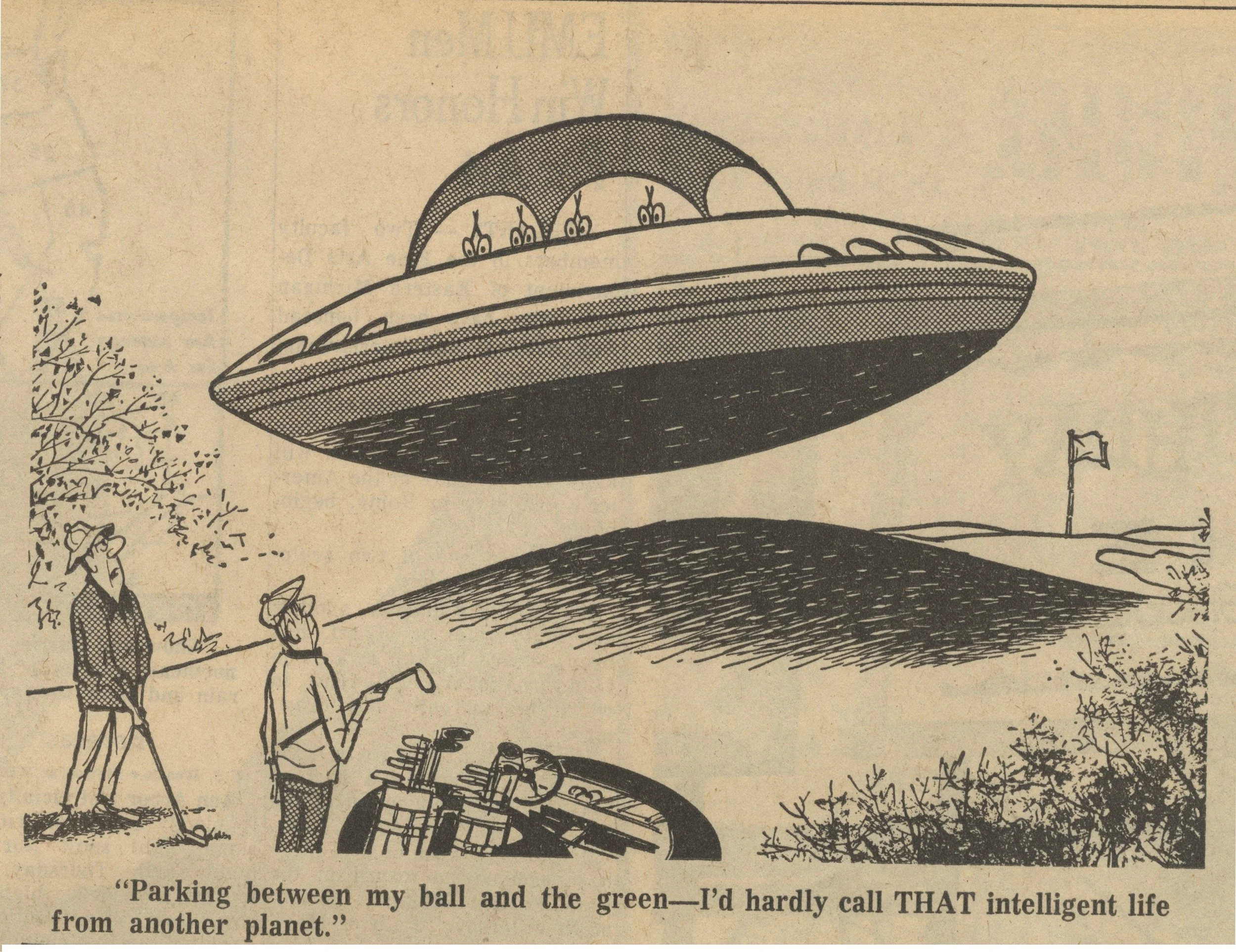 A cartoon illustration of a flying saucer above a golf course with two men, one holding a golf club, watching it. There is a flag on the golf hole and some bushes and trees in the background.
