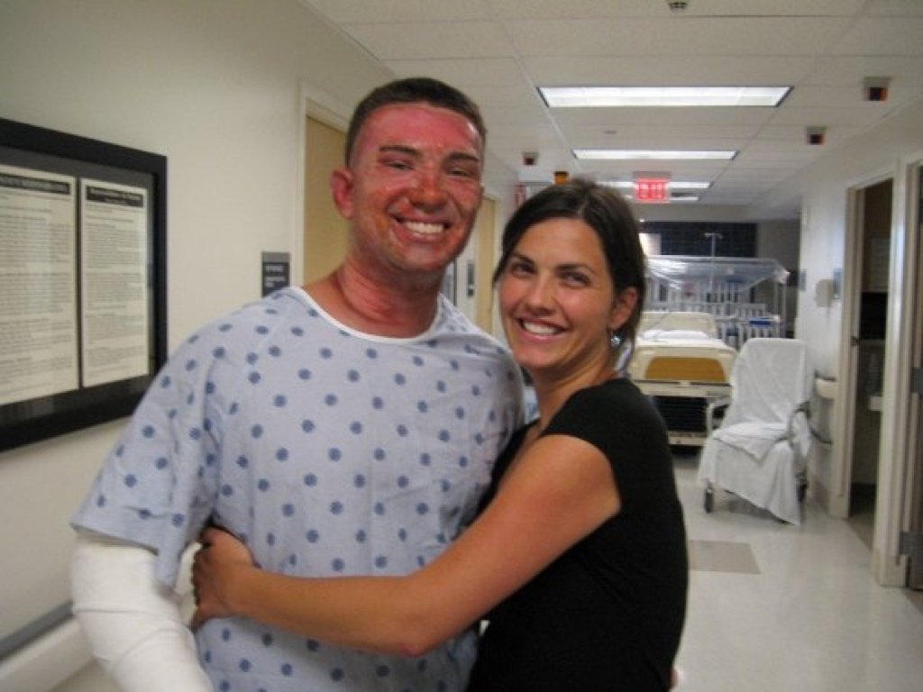 Garrett and Carrie at the burn ward. Garrett was burned 56 days before his wedding.