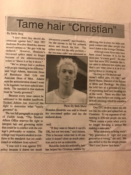 article about Brandon's hairstyle published by his Christian college