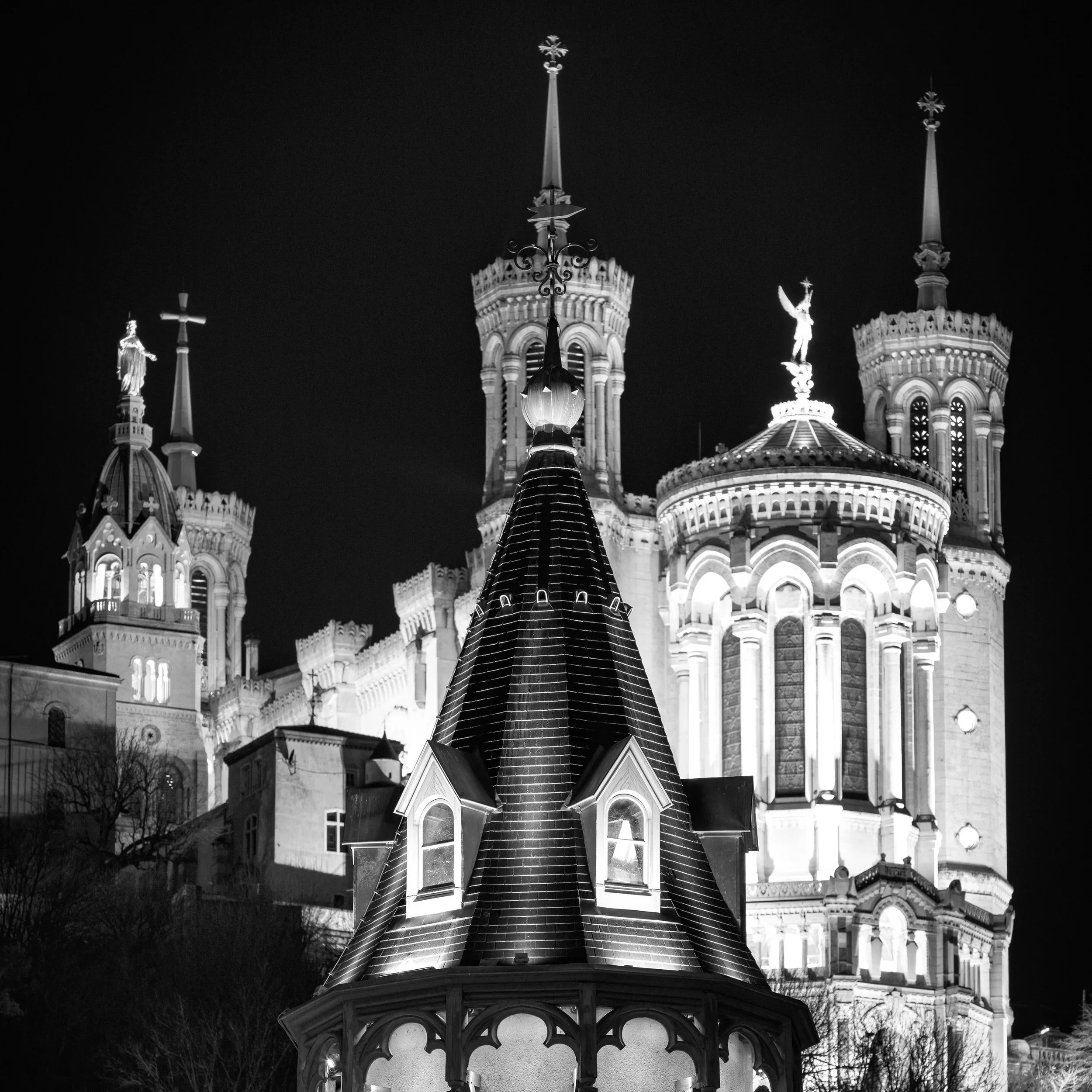 Vue de la Basilique Notre Dame de Fourviere a Lyon en noir et blanc