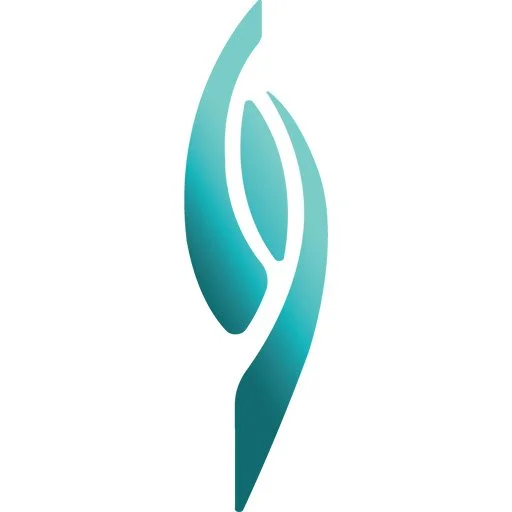 Logo abstrait avec des formes fluides en nuances de bleu et vert.