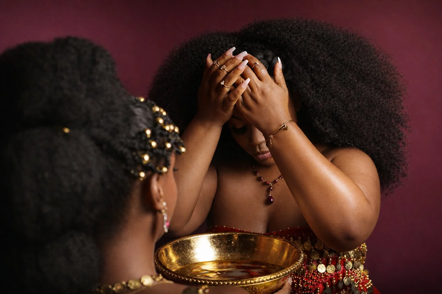 A woman with curly hair facing an illuminated mirror in an ornate room.