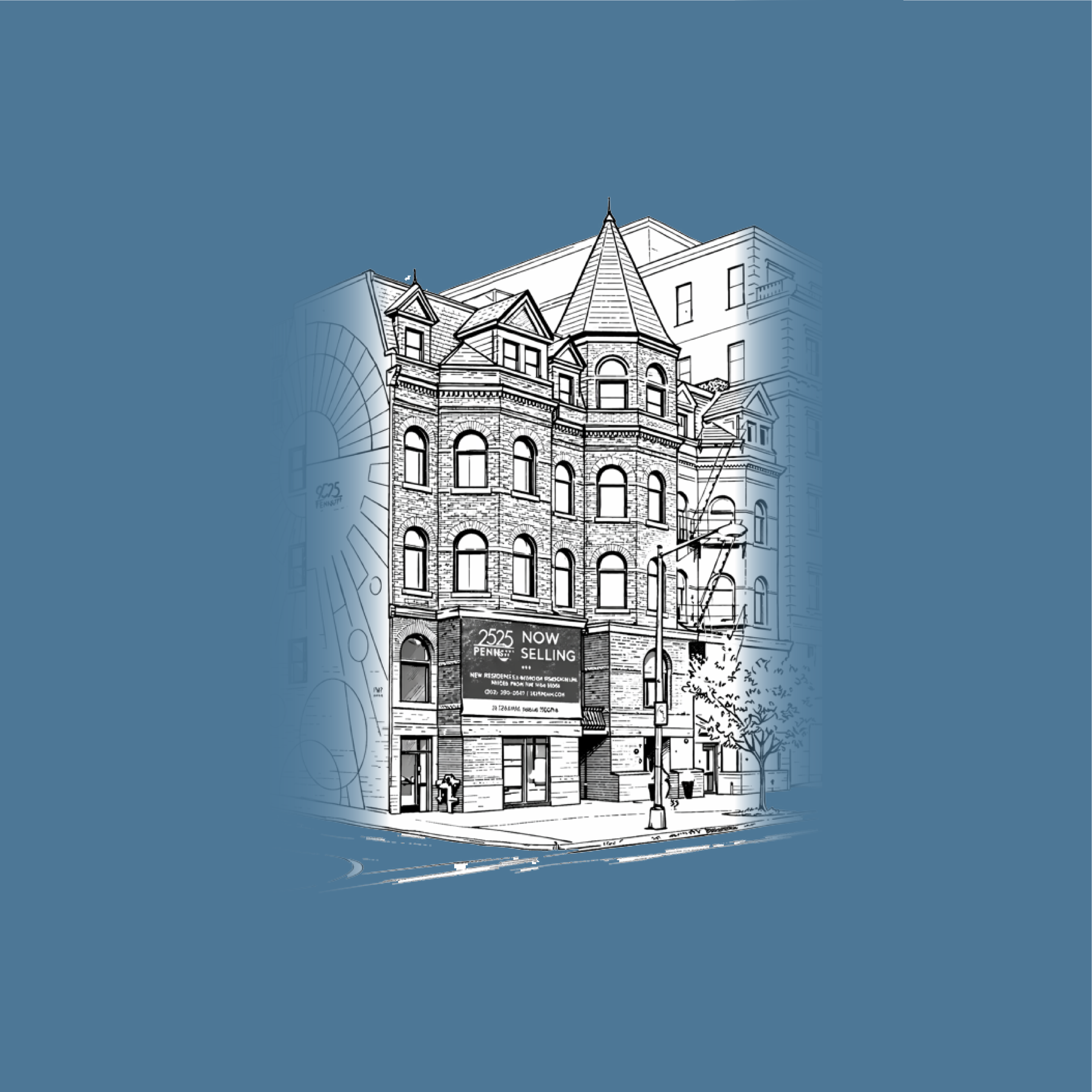 City street scene featuring a colorful, multi-story building with mural art, next to a white building and trees at dusk.